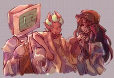 A digital drawing of Emmett Internet, Randy Weed, and Nagomi Nava. Emmett is a robot with a CRT monitor for a head, Randy is a tiefling with green hair, and Nagomi is a woman with long black hair and a multi-eyed entity covering the left side of her face. The trio is wearing matching Sunbeams jackets while leaning on each other and chatting.