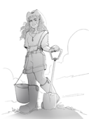 A digital drawing of Rivers Rosa in a western hat and rubber boots, holding a bucket in one hand and the handle of a shovel in the other.