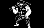 A black and white pixel sprite of Ruslan Greatness. He is a top heavy, muscular man with a beard. He is wearing a sleeveless baseball uniform with a pie on it. He is holding a bat over one shoulder and a crow sits on his other shoulder above a \"Pie or Die\" tattoo.