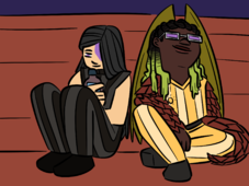 A digital drawing of Nagomi Nava and Tot Best. Nagomi wearing a Sunbeams Shadows uniform, and has long black hair covering the left side of her face, and is holding a water bottle. She's sitting next to Tot, a dark-skinned individual with dark cornrows dipped in green wax and purple-tinted glasses wearing a yellow striped Sunbeams uniform. Their arms are covered in scales similar to a pangolin, and they have a pair of wings folded behind them.
