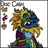 Digital artwork of Doc Cash. Doc is a blue and gold Vietnamese dragon with rainbow-colored scales. They have a half-lidded expression, and are wearing rectangular glasses. They are wearing an Atlantis Georgias jersey, and wearing a fuchsia vest. They are holding a book in their right arm.