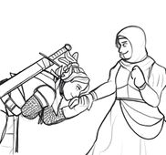 Hahn Fox, a woman with squid hair and dressed in knight's armour with a large sword, kisses the hand of her wife Priya, who is wearing a medieval dress and a hijab