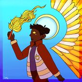 A drawing of Firefighter Tyreek Olive. Tyreek is being depicted as a stain glass window flat facing left. They are a Black person medium dark brown skin, locs tied into a bun with an undercut, and three orange eyes with no pupils. They are wearing a firefighter jacket with the team logo on it. They have a light yellow halo and large yellow, orange, and red wings. Their hand is open holding a road flare with flame traveling above their head. Tyreek's window is glowing. The background is a bright blue ombre.