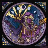 A digital drawing depicting Lars Taylor and Donia Bailey in a style mimicking stained glass. Donia is standing slightly in front of Lars, wearing purple western attire with gold accents, and with a blaseball glove on her left hand. Her hair is falling slightly in front of her left eye, which is reflecting sunlight. Lars has their back to hers and is leaning out from behind her. Their eyes have rays of light coming out of them, and they have one arm is raised; the fabric hanging down is patterned with constellations. In an arc above the two of them are the phases of the moon, with the new moon glowing and having golden lines on it reminiscent of the stitches on a blaseball.