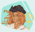 A digital drawing of Jan back when she wasn't a skeleton. She has long curly light orange hair, freckles, and one scarred eyebrow with a blind eye. She is weariing a pirate cap and a white flowy shirt, and as she gazes at the viewer, her hair gently blows in the breeze.
