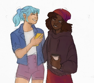 A drawing of Lou Roseheart and Rivers Rosa. Lou is wearing a white top and red-pink shorts with a blue unbuttoned shirt on top. She has a light complexion with light blue dyed hair pulled back into a ponytail. Her bangs remain out of the ponytail, and her head is titled slightly up to the right as she laughs. She is slightly embracing Rivers who is on the right of the drawing. Rivers is looking at Lou’s phone with an exasperated but perplexed expression. Both her brown and blue eye are furrowed. Rivers is wearing a warm grey baggy hoodie and a red skirt. Her curly hair is loose around her shoulder, and she has a red beanie on her head. Her skin tone is a warm brown, and she is firmly holding onto a white coffee cup in one hand and loosely holding Lou with her left arm. /end image description