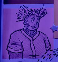 A sticky note drawing of Sparks Beans, a dark skinned Vietnamese person who uses they pronouns. They are bald and have electric hair and are wearing a jersey. They are chubby and have electric markings on their face.
