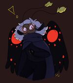 A digital drawing of Kaz Fiasco, a person with light brown skin, fluffy white hair, long, fluffy grey ears, and two antenna with yellow fluff at the end. Kaz has large black wings with glowing red sun designs on them. They are wearing a long dark purple cloak, plain dark clothes, and glasses with red lenses. There is intense lighting on Kaz as they look somewhat nervous with an exclamation point over their head. The background is plain dark red.