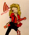 A watercolor traditional drawing of Jessica Telephone, a blonde white woman wearing a red and black Pods jersey and posing like she’s sitting on something out of view with one leg crossed and up. She looks deranged and smug and has one hand over her wide smile, and she is balancing the Dial Tone, a red bat with a phone cord attached to it, on her right knee. On the left side of the screen is a cell service symbol, and text in a red slasher-like font reads SHE’S A KILLER!!