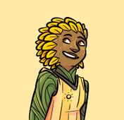 A digital drawing of Sunbeams player Zack Sanders, an individual with brown skin, sunflower petals for hair, freckles across her cheeks, and leafy, vine covered skin. They're wearing a yellow striped Sunbeams jersey and smiling. The background is light yellow.
