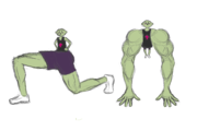 A green lemon person with a lemon head and a Lift jersey. In the first drawing, li has disproportionately large muscular legs. In the second, they have disproportionately large and muscular arms.