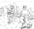 A digital sketch of Bluesky and Statter sitting at a table in a skate rink. Bluesky is an east asian trans man with wings and long pink hair, and Statter Jr. is a fat black person with an eyepatch and short seaweed hair. Bluesky is putting on one roller skate as he gestures and smiles at Kaj, as if telling a story. Kaj is reclining in a cropped binder and jean shorts with roller blades on shore feet. Sea responds to Benny with a large smile.