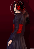 A digital drawing of Nagomi Nava. Nava is a dark haired woman and the left half of is obscured by a black mass of tendrils and red eyes. Teeth separate this part of her face from the rest. She is wearing a long sleeved black dress, with a red corset that has a pattern of tendrils and eyes on it. There is a black ace ring on her left hand, and she is looking back slightly over her left shoulder. The background is maroon.