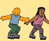 A digital drawing of Dudley Mueller, an orange homunculus made of mlonster energy drink, and Jayden Wright, a woman with brown skin, long braided brown hair, and a crown of teeth-like bones, rollerskating together.