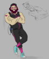 Digital drawing of Engine, a buff man with a big belly and skinny legs. He has a dark red big beard and chin-length hair swept back behind a backwards Lift cap. He is wearing pink sunglasses, a Lift uniform with blue convers, a walkman attached to headphones around his neck, and a heart tattoo with an arrow sticking through. He leans against a wall and smiles. A second sketch shows him leaning out of a car as he drives, with a bat ready to swing.