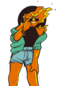 A digital drawing of Miguel James in a black sleeveless top, matching black wide-brim hat, short-shorts, and a jacket that's slipping off his shoulders. He's pulling his sunglasses down with one hand while the other rest on his leg.
