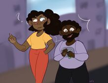 A drawing of Rivers Rosa and Malik Romayne. Rivers is a person with brown skin, one brown eye and one blue with red pupils, and dark brown hair in a pony tail. She is wearing a yellow T-shirt and red pants and pointing at something off screen while looking at Malik asking a question. Malik is a person with dark brown skin, a dark brown beard and short afro, and dark brown eyes. Xe is wearing a long sleeve purple shirt with the words "Taco Baco" in green text. Malik is looking at xir phone and talking to Rivers excitedly. They are walking in a city setting with buildings and a road in the background.