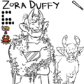 An uncolored bust drawing of Zora Duffy, a cow demon, with her name, stats, and teams shown above. She has both a human form and a small fluffy cow form. Both have tusks, horns that look like crab claws, and a livestock tag earring. Human Zora is fat and muscular, with short shaggy hair, a striped strapless bra, and small plants growing on her arms and shoulders.