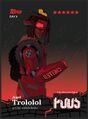 A digitally drawn blaseball TLOPPS card, featuring Axel Trololol pitching for the PODS. Trololol is a black man, with locs, a mechanical visor, and a red robotic chassis that either is covering the rest of his body or is the rest of his body. The chassis is styled with a car theme, with tires on his shoulders, and the arm closer to the viewer is a cannon with a digital display of the word, SHELLED, on it. Trololol is lit with a red glow, and stands with his side to the viewer as he looks at us from over his shoulder.