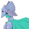 A fullcolor digital drawing of Knight Triumphant on the Atlantis Georgias. Knight Triumphant is depicted down to their shoulders, and is facing towards the left. They wear a silver suit of armor with a slight blue tinge, and a turquoise cape held to the front of their armor by a golden pin. The sides of their helmet are drawn similarly to the fins of a fish, and underneath is a small heart insignia representing their time on the Lovers. While their face is obscured, a glow in their left eye can be seen through the visor.
