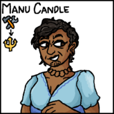Digital artwork of Manu Candle. Manu is a middle-aged Māori person with short, greying hair and eyeliner. She has moko kauae on her chin, and is wearing a ring necklace around her neck. He is wearing a light blue blouse, and his left arm is slightly raised. She is looking to her left, and smiling.