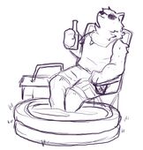 A digital drawing of Howell Franklin. He's a werewolf wearing a tank top, cargo shorts, and sunglasses, sitting in a lawn chair with his feet in a kiddie pool. Next to the pool is a cooler, and in one paw he's holding a beer.