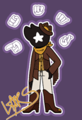 A picture of Lars Taylor on a purple background. He is wearing a cowboy outfit, and has black skin with a no facial features except for a white star. Around him are spectral hands.