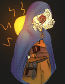 A digital drawing of Sunbeams player Paula Reddick. Shi is a person with medium brown skin wearing a blue cloak with the hood pulled up over a pair of brown work overalls. The hood and hir wavy grey hair are partially obscuring hir eyes. Hir arms are crossed, shi has brown fingerless gloves on, and around hir waist is a tool belt with a wrench hanging from it. Shi is smiling.