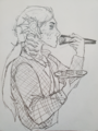 A physical waist-up drawing of Wyatt Mason III / Trip from the side. Trip is an older teen with hair pulled back in a ponytail reaching to their mid-back, finned ears, gills on their neck, freckles, and the numeral III under their right eye. They are wearing a flannel shirt and eating sushi with chopsticks while giving the viewer a suspicious glare.