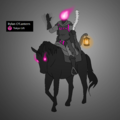 A digital drawing of O'Lantern as a Dullahan on a dark grey background. Rylan is sitting on a big black horse with glowing pink eyes and a lantern on the saddle. Rylan themself is a person wearing all black, with a tattered cape, padded clothing, and a bright pink flame for a head. They are waving one hand at the viewer, and their hand leaves an afterimage. The other hand is holding a spinal column as a bat.