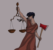 image description: A 3/4 body drawing of Justice Spoon. They are facing profile left with a serious expression and a grey blindfold over their eyes. Spoon’s skin is pale and their hair is a dark grey-blue color with an undercut. In their right hand close to their torso they are holding an axe, while their left arm is raised high above their head. In their left hand, they grip the handle to a bronze pair of balancing scales like Lady Justice. They are wearing a billowing brick red robe and are walking towards the right. /end image description