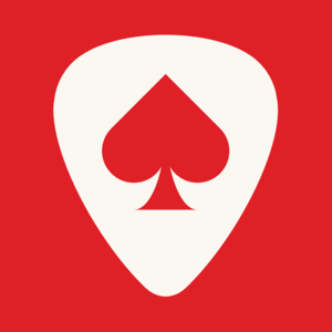 A white guitar pick with a red Spade (playing card suit) on it, displayed on a red background.