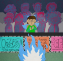 Digital artwork of Ji-Eun Clove attending a Blaseball game, watching a player be incinerated. The artwork is fashioned like a collage made of construction paper. Ji-eun is a skinny Korean person with long, brown hair, a green sweater, glasses, and horns and wings reminiscent of a sea angel. It is looking in shock at a large blue flame in the middle of the Blaseball diamond, as the rest of the crowd looks in horror. Ji-eun is in color, but the rest of the crowd are blue cutouts with details drawn on in red crayon.