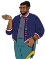 A digital drawing of Theo Honeywell, a fat Pakistani man with a beard, long hair in a bun, triangular pink sunglasses, and a Lift bomber jacket. He smiles as he gestures with one hand.