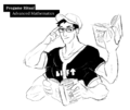 A black and white digital drawing of Stijn Strongbody, a four-armed muscular Japanese man wearing glasses, a Lift jersey, and a blaseball cap. He holds two books, one titled "Maths" and one titled "Advanced Math 3: Math Velasquez."