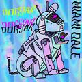 A digital drawing of Qais Dogwalker’s mech, the Dogstar, which resembles a giant Aibo robot dog. It has a tail and antennas that are radiating colorful flames. It is painted in iridescent colors. Qais Dogwalker is stepping out of a hatch on its chest and waving. Text reads “DOGSTAR” and “MIAMI DALE” in wobbly fonts. The background is iridescent.