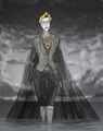 The Boss emerging from the ocean: an immensely tall woman in a power suit, eyeless, crowned with laurels, with a statement necklace of many eyes