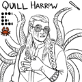 An uncolored bust drawing of Quill Harrow, a thin white person with round sunglasses, heavy scarring under their eyes, and long wavy hair in a half ponytail. He wears a jumpsuit with gloves, and has a backpack with mechanical octopus arms. They look at the viewer scornfully.