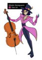 A digital drawing of Silvaire Semiquaver. They are a tall Japanese person with a slim build and long legs. Their dark blue hair is short and wavy, with a single streak of magenta. They are wearing a magenta long coat with gold trims and accessories under a dark blue corset with pink boning, as well as dark magenta gloves with teal tips. They have dark blue pants that are also their shoes, with a pink side trim. They are wearing a yellow moon-shaped half mask and a blue and pink top hat with a large yellow semiquaver attached to the side. They are holding a cello with their right hand and standing in front of a white background with their name and team above them.