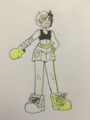 A pen and highlighter drawing of Kit Honey, a Japanese person with half neon yellow and half black short hair. Kit wears a black bra, wide short shorts with arrows, big yellow shoes, and yellow boxing gloves. Kit is looking at the camera with a rowdy grin.