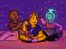 A digital drawing of Zack Sanders, Miguel James, and Iggy Delacruz. They are sitting in the desert under the stars. Zack is a person with sunflower petals for hair, and green skin apart from on her face. Iggy has ashy grey skin and a glowing head of blue fire. Zack and Iggy are toasting marshmallows on Miguel, who is a person made entirely of fire.