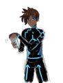 TROJAN_WRHS, a brown-skinned person with messy brown hair wearing a cyber outfit with teal circuits, holds a drink shaker.
