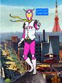 A mixed-media illustration of Grollis Zephyr, whose costume evokes 1970's masked hero tokusatsu shows. The background is a photograph of 1970s Tokyo. They stand atop a building on the 1970's Tokyo skyline, giving a thumbs-up to the viewer. Tokyo tower is visible in the far background. The caption reads "Let's lift together".