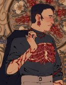 A digital illustration of Son Jensen. Son is a Korean and androgynous-presenting person in his mid-twenties. He is wearing a dark grey sweater with grey slacks and is carrying a black suit jacket over his shoulder. The sweater has a large cut-out in the chest, exposing her ribcage entangled with bleeding heart flowers. Thorny, red vines grow around his limbs. The background is inspired by the work of Alphonse Mucha and is decorated with flowers native to Utah.