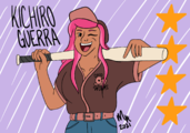 A digital drawing of Kichiro Guerra. She has long, pink hair, and is wearing a baseball hat and an Ohio Worms uniform. She is holding a baseball bat behind her head and has her left arm loop over top of the end of the bat. She is winking at the viewer.