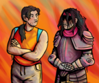 A fullcolor digital drawing of Knight and Baby "Ruthless" Triumphant. Both are drawn from the thigh up. Knight has a pink color scheme, is wearing a suit of armor, and rests their hands on a sword hilt. Their black hair is long and unkempt, held out of their face by a bandanna that completely shadows their eyes. Streaks of black radiate down from their eyes to jaw. Baby has a red and yellow color scheme, is tall and muscular, and is slightly turned away from knight as ve looks at them over ver shoulder and crosses her arms. His long black hair is held back in a low ponytail.