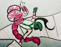 A hand drawn image of Lady Matsuyama. She is wearing a helmet with a flower design, her hair is in a long ponytail, and she's in her modified scorpion tail wheelchair. She is at a skatepark, preforming an extreme trick in the air.