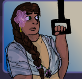 A digital drawing of Summers Pony, a heavyset Mexican-American woman with brown skin, a dark brown braid, and green eyes. She is holding onto a ceiling handle and standing inside a train. She looks worriedly off to the side. She is wearing a yellow tank top and a pale blue translucent shawl. She has a glowy pink rock rose flower tucked behind her ear.