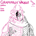An uncolored bust drawing of Grapefruit Walnut, a short, fat, and muscular paladin of the olde one wearing a large set of chitinous armor with horseshoe crabs as pauldrons. her helmet has four sets of crab legs protruding from the sides, and a large barnacle-encrusted crack runs down one side, through which an eye peers out of the shadows. because they were charged, their portrait is mostly drawn in the pink of the microphone.