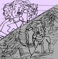 A digital drawing, half of which is purple and half of which is grey. The top half shows one woman with curly hair and an unsettlingly bright expression and the bottom half shoes the same woman but with less bouncy hair and an exasperated expression standing in waist-high water in a pine forest. Both women have phone dial pad buttons on their faces and they are calling each other across the two panels with an old fashioned corded phone. Both are wearing jerseys.